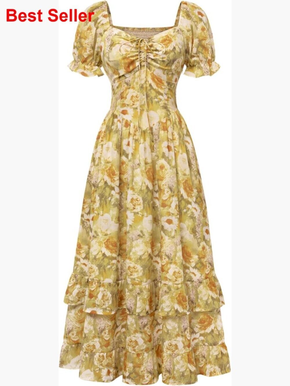 Floral Puff Sleeve Maxi Dress with Corset Waist and Pockets